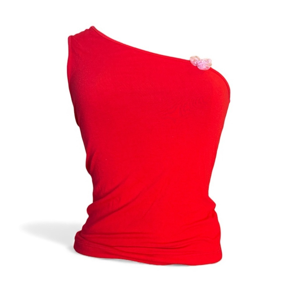 Red Y2K One-Shoulder Top with Floral Accent